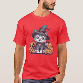 Camiseta Gatinho Fofo Posando com Abóbora Cena Adorável de