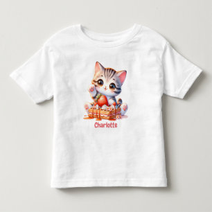 Camiseta Gatinho Fofo Rosa Pastel com Waffles de Sobremesa