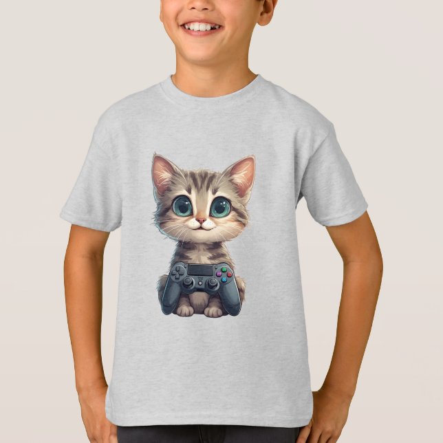Camiseta Gatinho Fofo Segurando Controle de Jogo Gamer Gato (Frente)