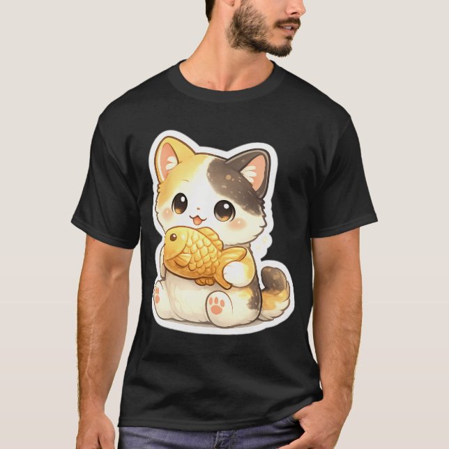 Camiseta Gatinho Fofo Segurando Peixe Dourado (Frente)