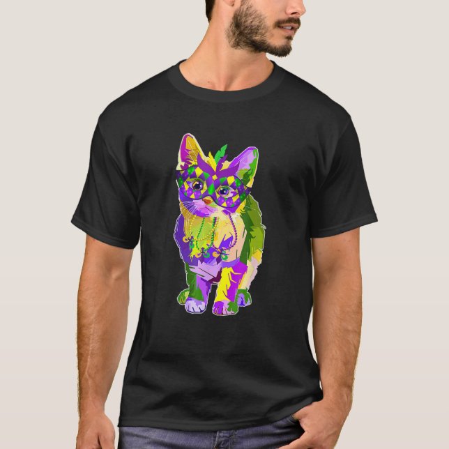 Camiseta Gatinho Gato Colorido Vestindo Máscara Mardi Gras  (Frente)