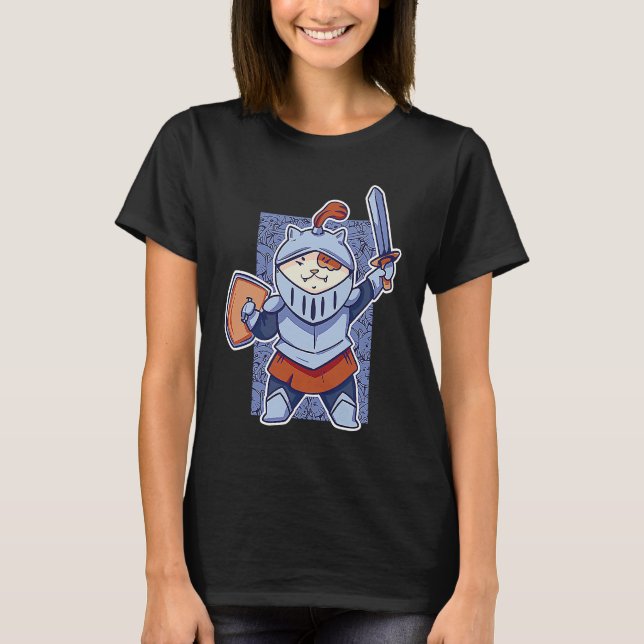Camiseta Gatinho Gato Medieval com espada e Dragões de Carn (Frente)
