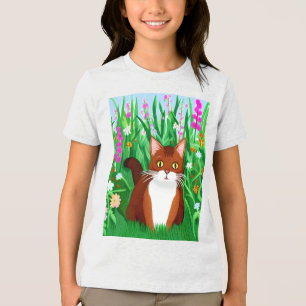 Camiseta Gatinho Ginger Brown em Campo de Flores