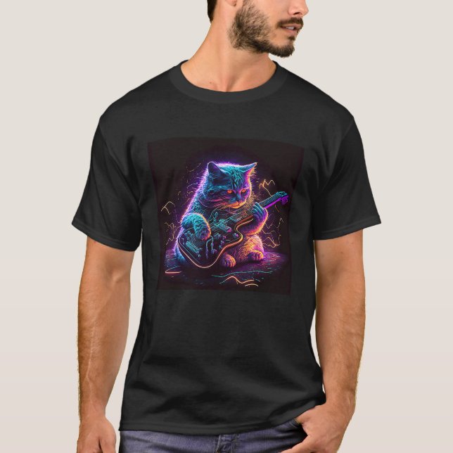 Camiseta Gatinho Guitar Cat Kitten tocando um Synth de Guit (Frente)