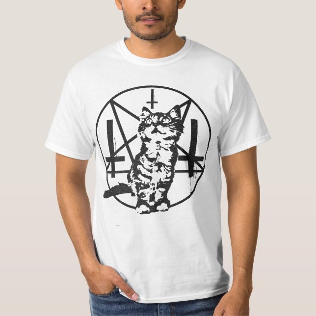 Camiseta Gatinho invertido da cruz & do Pentacle (Frente)