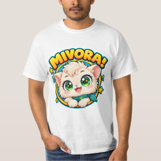 Camiseta Gatinho Kawaii com Lenço Azul e Olhos Esmeralda Co
