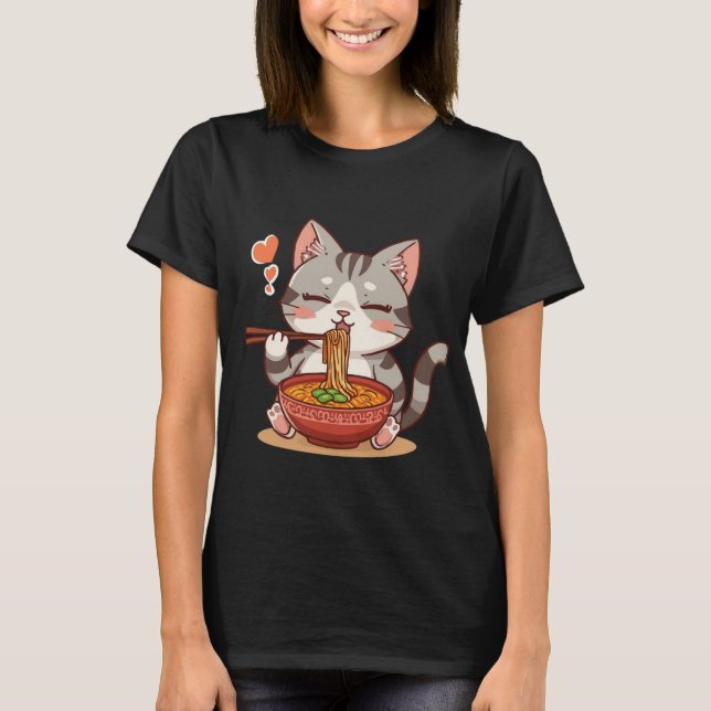 Camiseta Gatinho kawaii comendo ramen  (Frente)