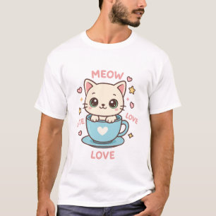 Camiseta Gatinho Kawaii Fofo em Xícara de Chá Azul - Meow A