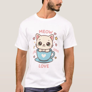 Camiseta Gatinho Kawaii Fofo em Xícara de Chá Azul - Meow A