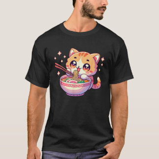 Camiseta Gatinho Kawaii Japonês Anime Gato Comendo Ramen Wo