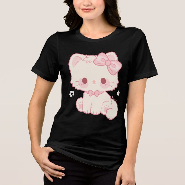 Camiseta Gatinho Kawaii Pastel com Laço (Frente)