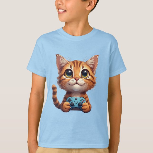 Camiseta Gatinho Laranja Segurando Controle de Jogo Gamer G (Frente)