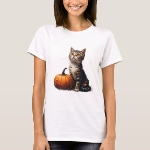 Camiseta Gatinho Listrado no Cenário de Halloween do Campo 