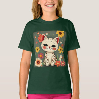 Camiseta Gatinho Malhado Feliz com Flores