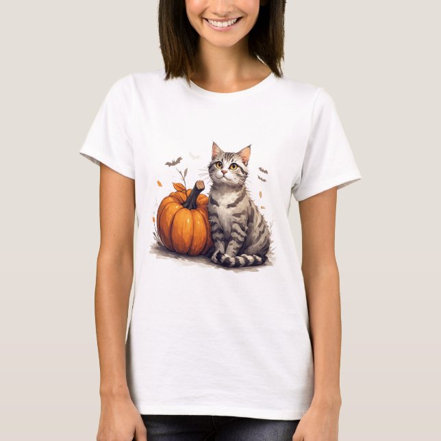 Camiseta Gatinho Malhado Fofo Com Diversão de Halloween de  (Frente)