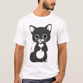 Camiseta Gatinho Minimalista Fofo Segurando Coração e Pirul