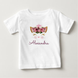 Camiseta Gatinho Monograma Dourado Rosa Bege 1º Aniversário