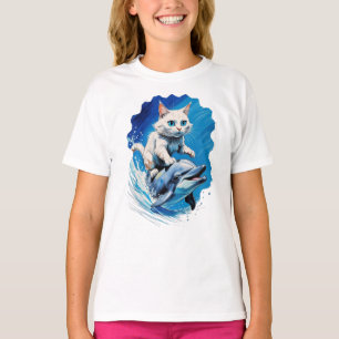 Camiseta Gatinho montado em um golfinho sorridente