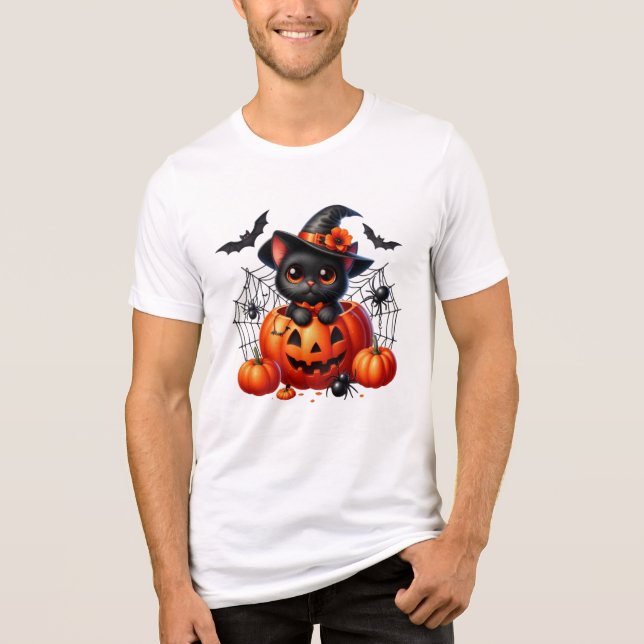 Camiseta Gatinho Negro em Pumpkin de Halloween (Frente)