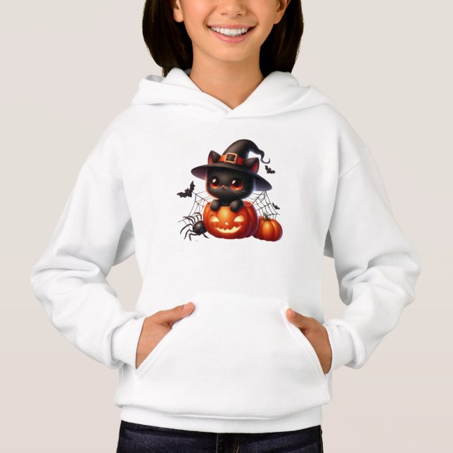 Camiseta Gatinho Negro em Pumpkin de Halloween (Frente)