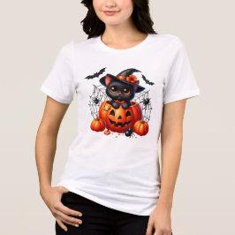 Camiseta Gatinho Negro em Pumpkin de Halloween