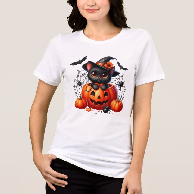 Camiseta Gatinho Negro em Pumpkin de Halloween (Frente)