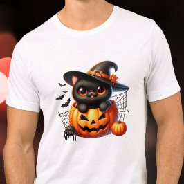 Camiseta Gatinho Negro em Pumpkin de Halloween