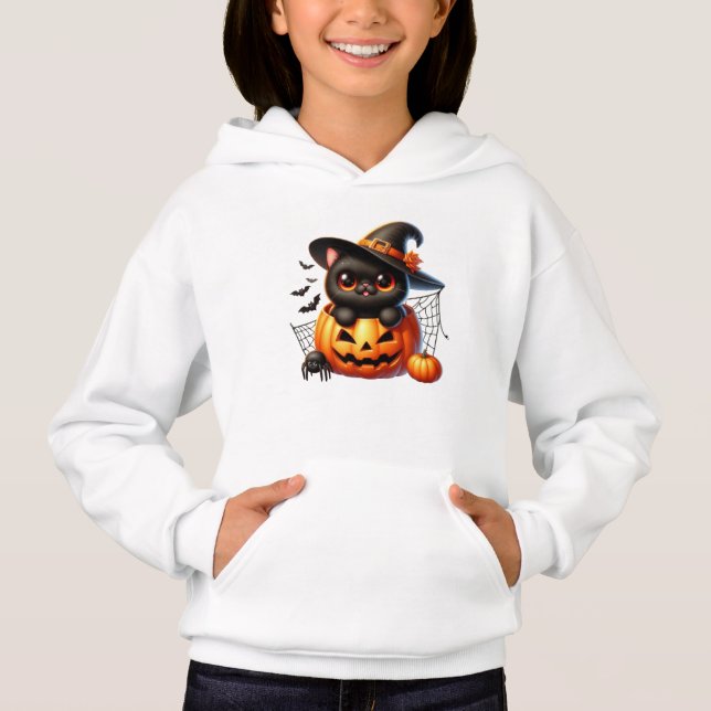 Camiseta Gatinho Negro em Pumpkin de Halloween (Frente)