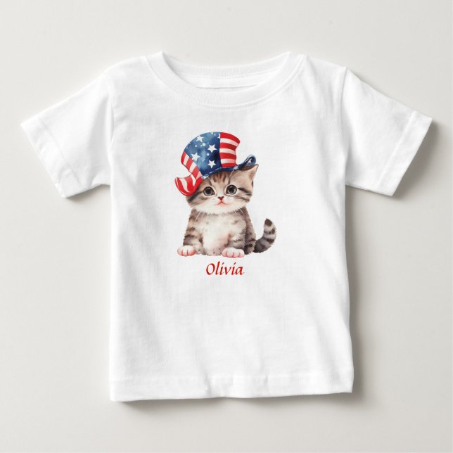 Camiseta Gatinho Patriótico Bonito 4 de julho Menina (Frente)
