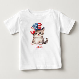 Camiseta Gatinho Patriótico Fofo Menina 4 de Julho