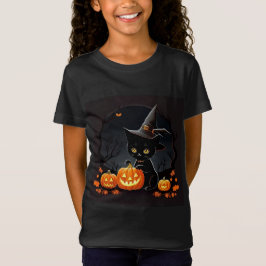 Camiseta Gatinho Preto de Chapéu de Bruxa entre Abóboras de