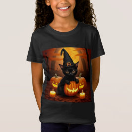 Camiseta Gatinho Preto de Chapéu de Bruxa entre Abóboras de