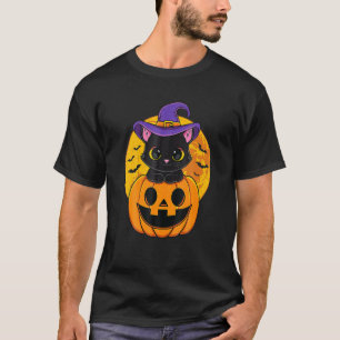 Camiseta Gatinho Preto do Dia das Bruxas Chapéu de Bruxa Ab