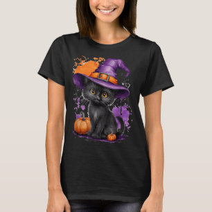 Camiseta Gatinho Preto do Dia das Bruxas Chapéu de Bruxa Ab