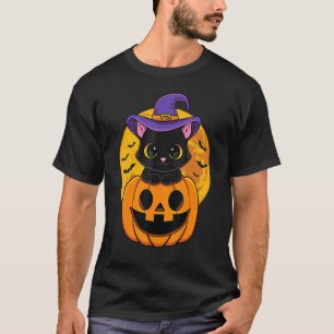 Camiseta Gatinho Preto do Dia das Bruxas Chapéu de Bruxa Ab