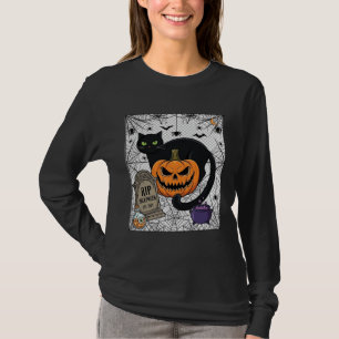 Camiseta Gatinho Preto do Halloween Abóbora Lápide Caldeirã