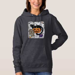 Camiseta Gatinho Preto do Halloween Abóbora Lápide Caldeirã