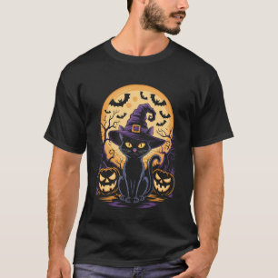 Camiseta Gatinho Preto do Halloween Chapéu de Bruxa Abóbora