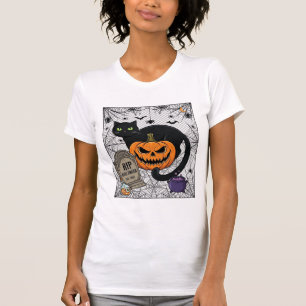 Camiseta Gatinho Preto do Halloween Ripa Abóbora Lápide Cal