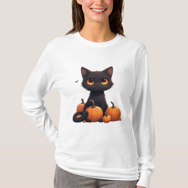 Camiseta Gatinho Preto Fofo Com Abóbora  (Frente)