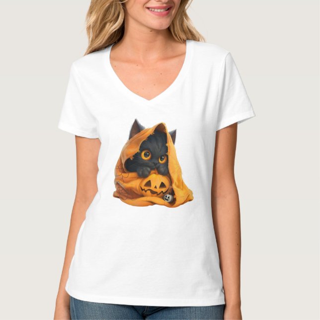 Camiseta Gatinho Preto Fofo de Halloween (Frente)