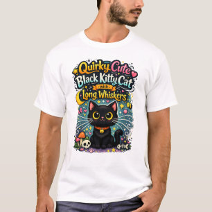Camiseta Gatinho Preto Fofo e Excêntrico com Bigodes Longos