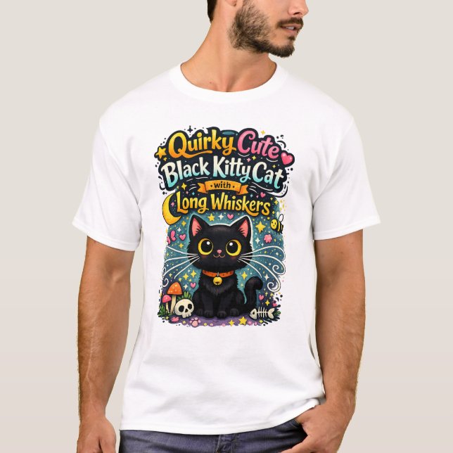 Camiseta Gatinho Preto Fofo e Excêntrico com Bigodes Longos (Frente)