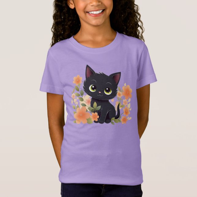 Camiseta Gatinho Preto Fofo e Flores (Frente)