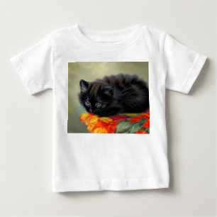 Camiseta Gatinho Preto Vintage com Cobertor de Flor Vermelh