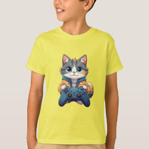 Camiseta Gatinho Segurando Controle de Jogo Gato Gamer Sorr