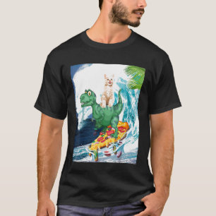 Camiseta Gatinho Surfando Pizza Montando TRex Dinosauro Pet