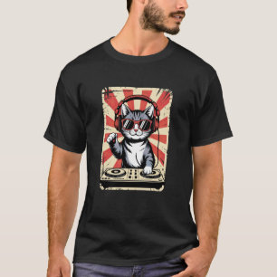 Camiseta Gatinho Vermelho Branco DJ nos Discos de Vinil EDM
