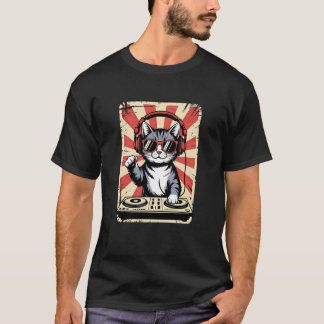 Camiseta Gatinho Vermelho Branco DJ nos Discos de Vinil EDM