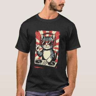 Camiseta Gatinho Vermelho Branco DJ nos Discos de Vinil EDM